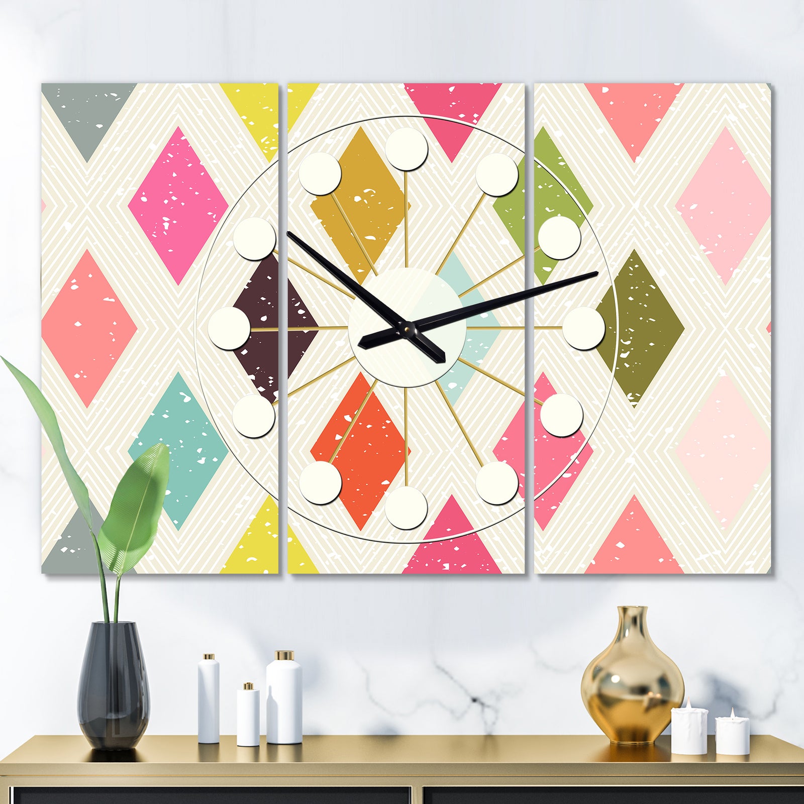 Diamond Retro III - Oversized Mid-Century wall clock - 3 Panels