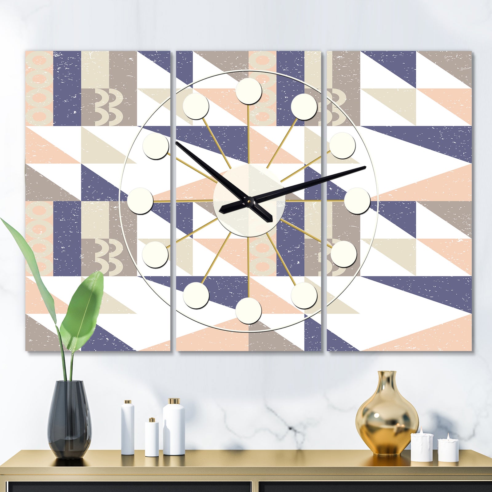 Retro Geometric  Design X - Oversized Mid-Century wall clock - 3 Panels