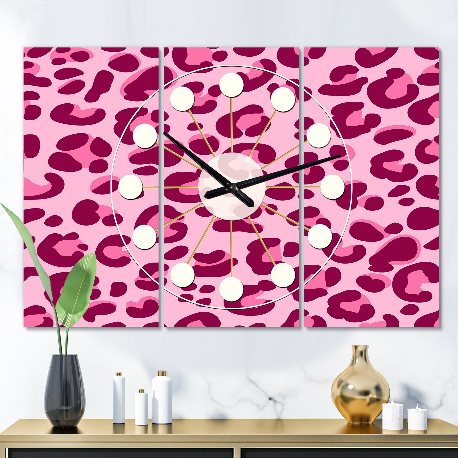 Pink Leopard Pattern  - Oversized Mid-Century wall clock - 3 Panels