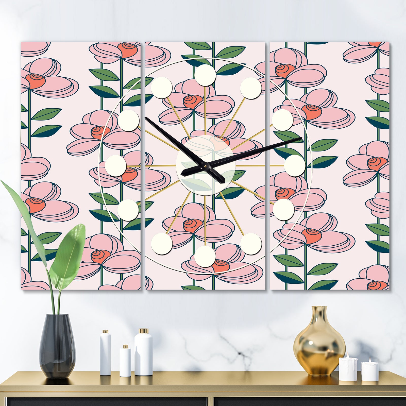 Floral Botanical Retro XII - Oversized Mid-Century wall clock - 3 Panels