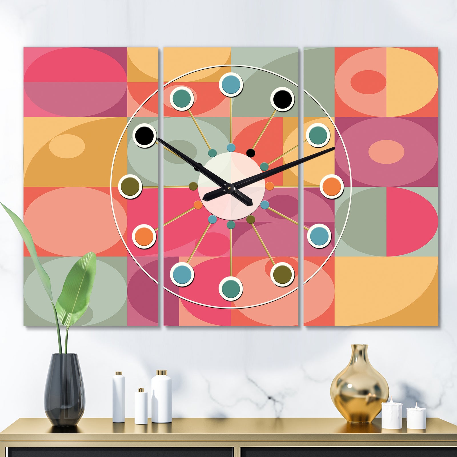 Geometric Retro Minimal I - Oversized Mid-Century wall clock - 3 Panels