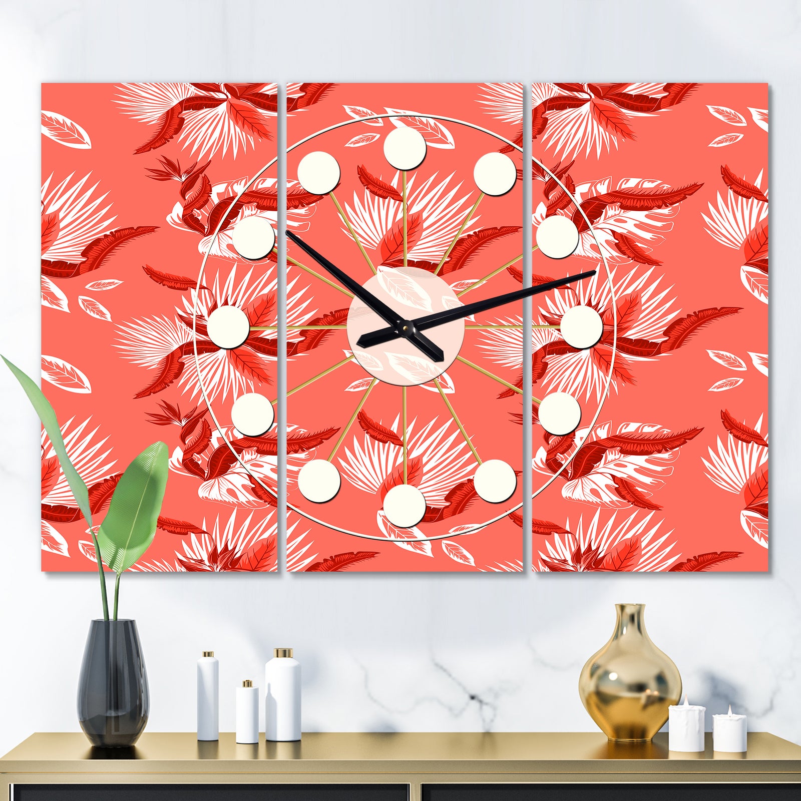 Coral Flowers Of Bird Of Paradise  - Oversized Mid-Century wall clock - 3 Panels