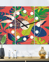 Retro Tropical Leaves I - Oversized Mid-Century wall clock - 3 Panels