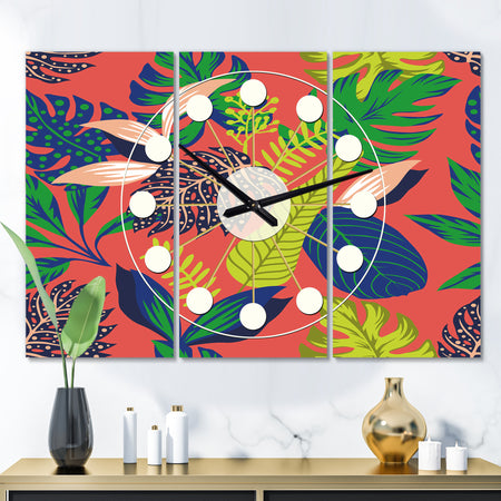 Retro Tropical Leaves I - Oversized Mid-Century wall clock - 3 Panels