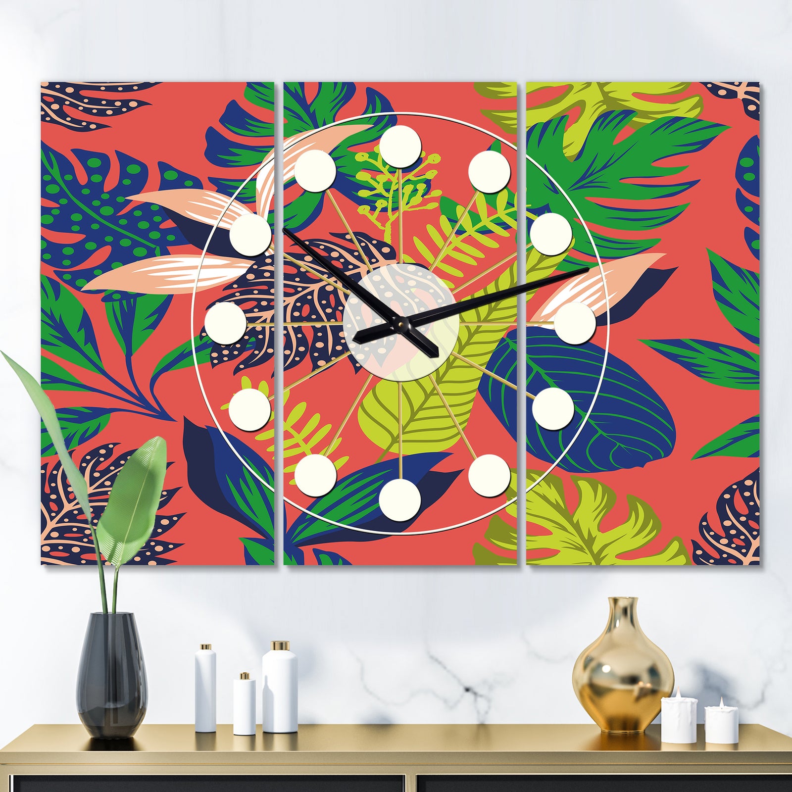 Retro Tropical Leaves I - Oversized Mid-Century wall clock - 3 Panels