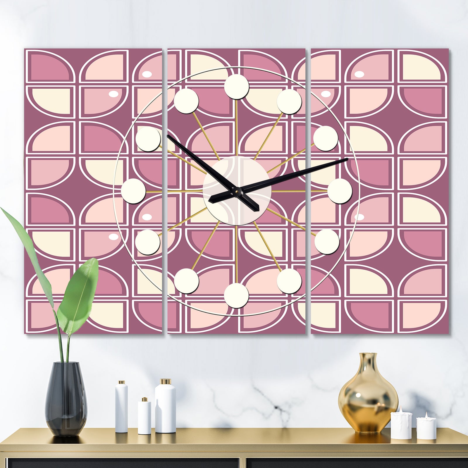 Retro Purple Pink Desing - Oversized Mid-Century wall clock - 3 Panels