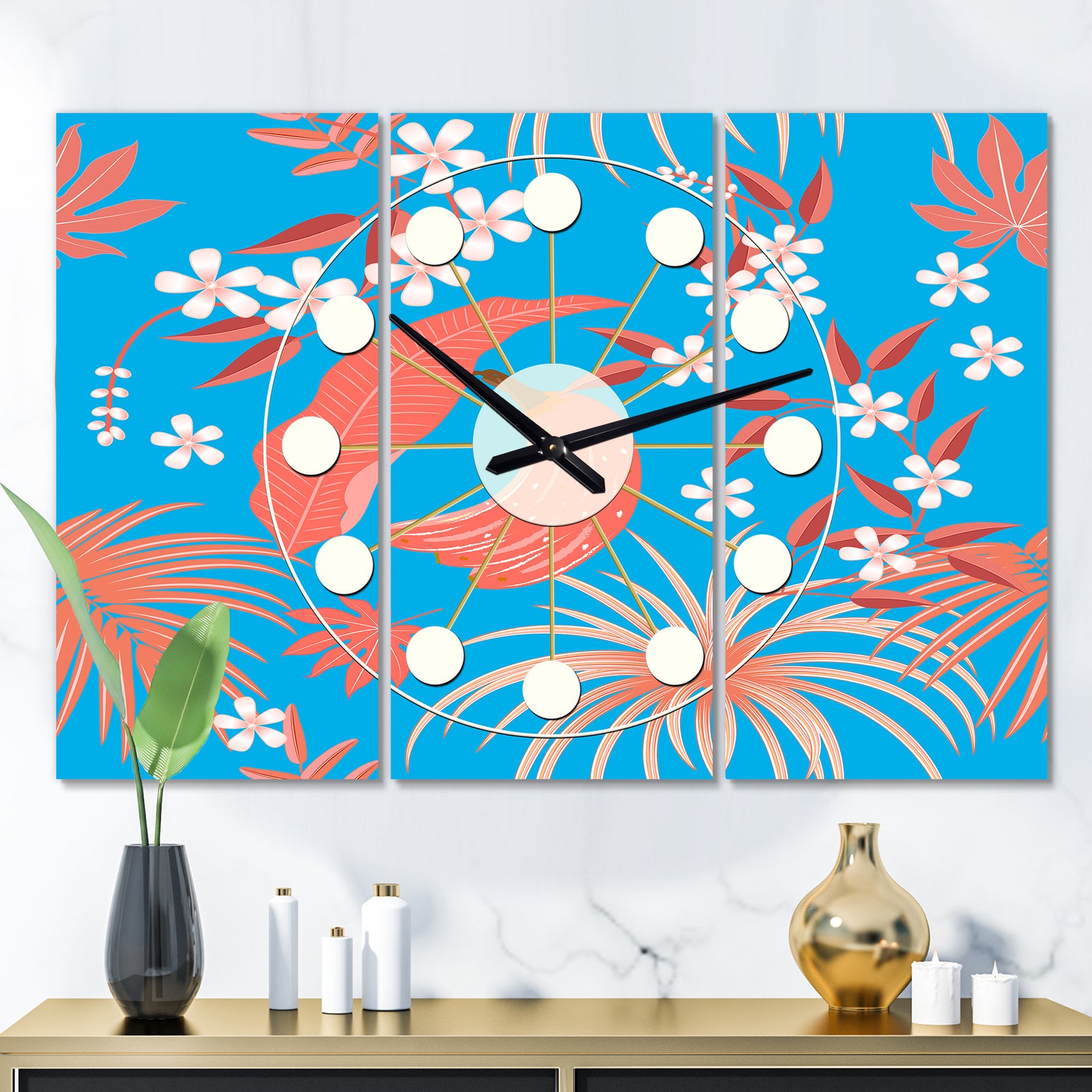 Tropical Retro Foliage Coral II - Oversized Mid-Century wall clock - 3 Panels