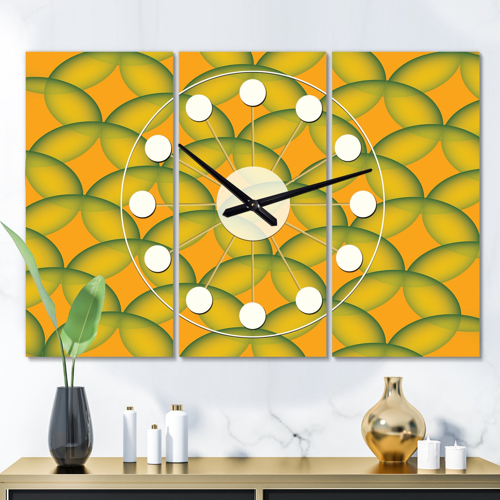 Retro Abstract Design In Yellow and Green  - Oversized Mid-Century wall clock - 3 Panels