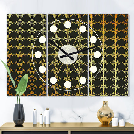 Golden Luxury Metallic Geometrics I - Oversized Mid-Century wall clock - 3 Panels