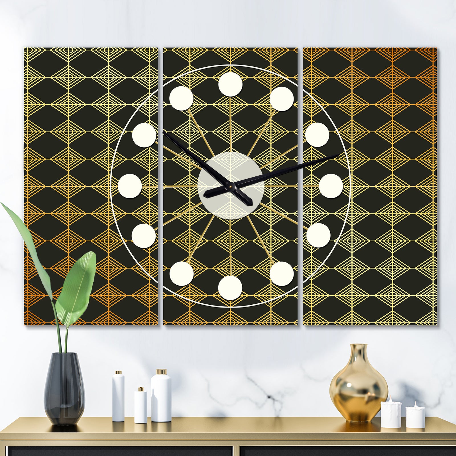 Golden Luxury Metallic Geometrics I - Oversized Mid-Century wall clock - 3 Panels
