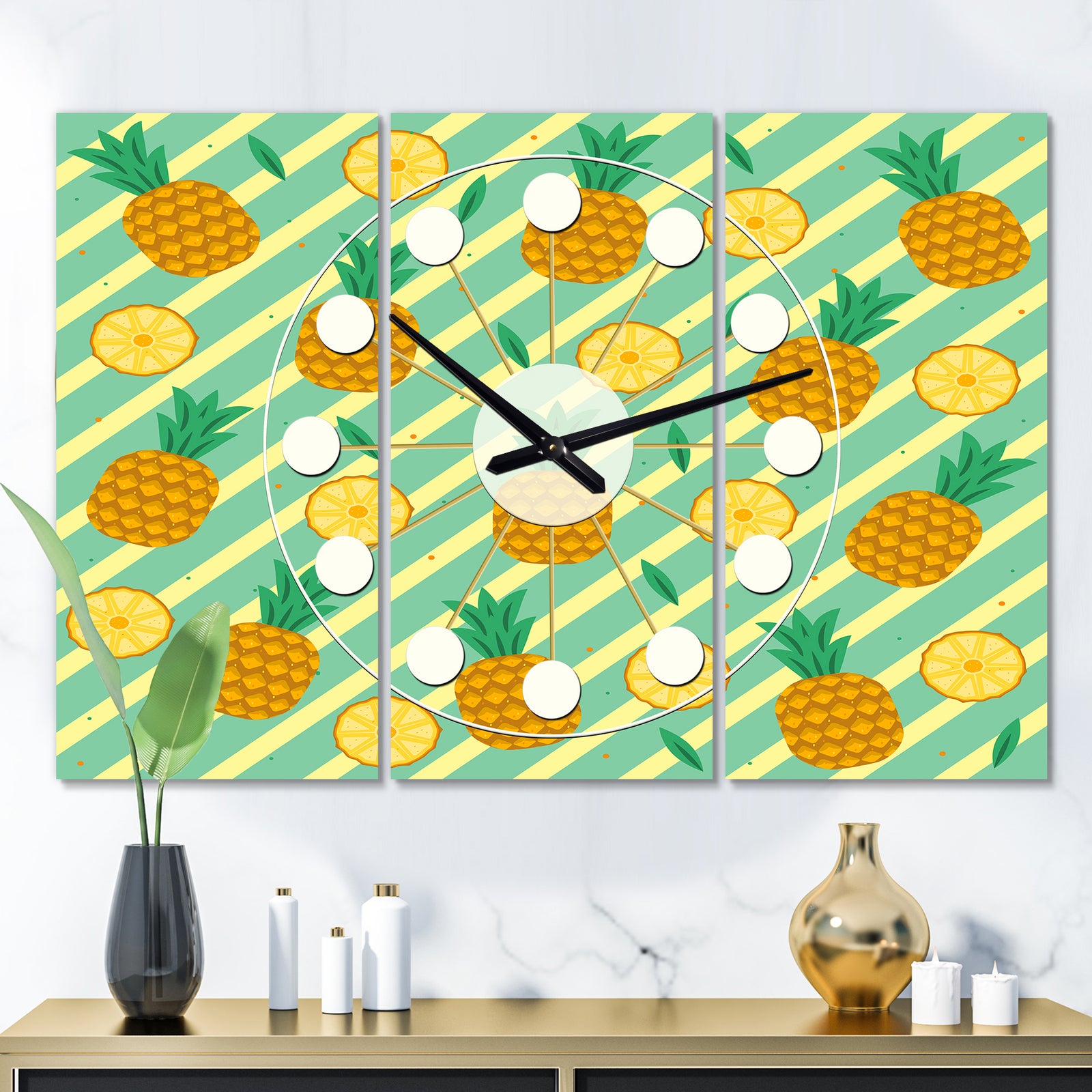 Pineapple Summer Bliss I - Oversized Mid-Century wall clock - 3 Panels