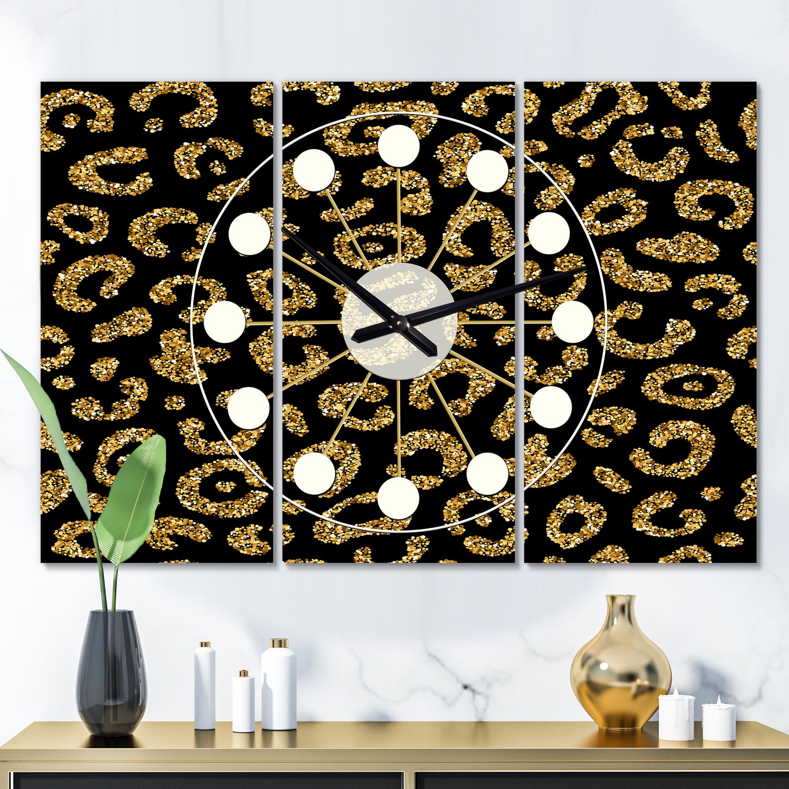 Golden Leopard Fur - Oversized Mid-Century wall clock - 3 Panels