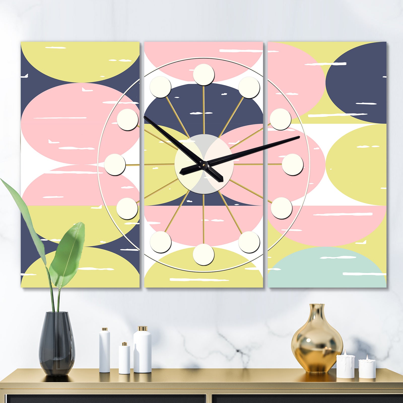 Retro Pastel Circular Pattern I - Oversized Mid-Century wall clock - 3 Panels