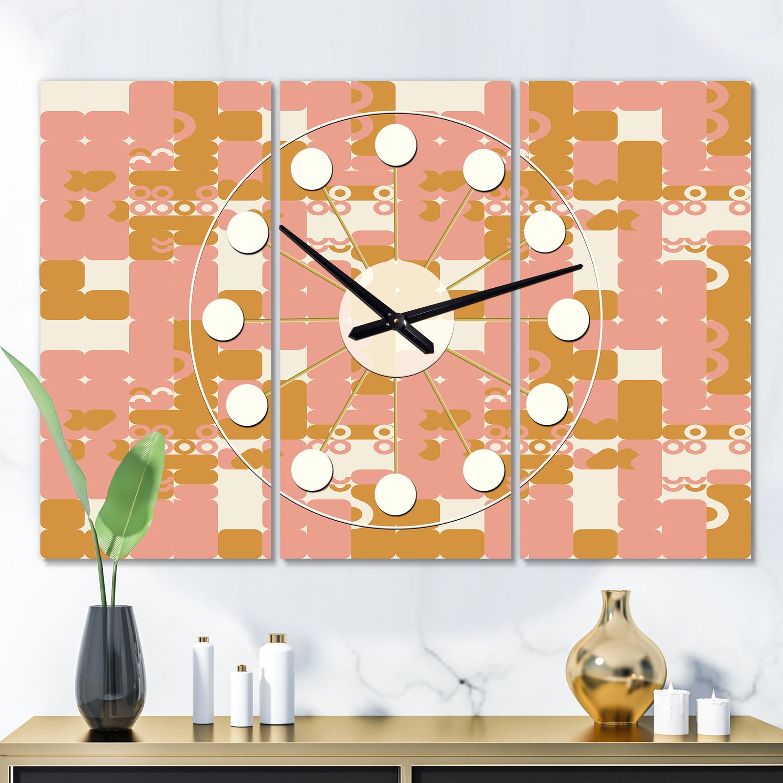 Pink Retro Abstract Design - Oversized Mid-Century wall clock - 3 Panels