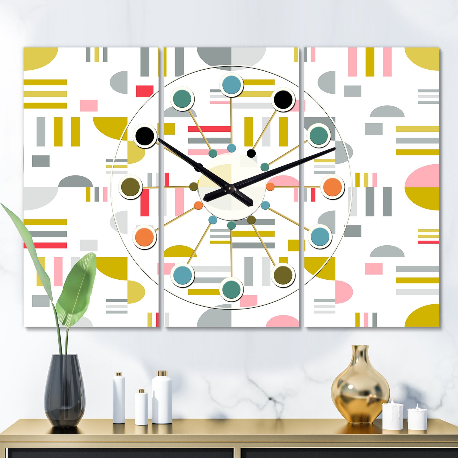 Retro Abstract Design XVI - Oversized Mid-Century wall clock - 3 Panels