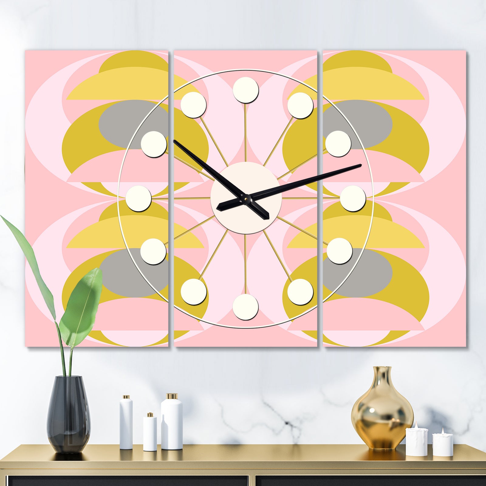 Retro Pastel Circular Pattern IV - Oversized Mid-Century wall clock - 3 Panels