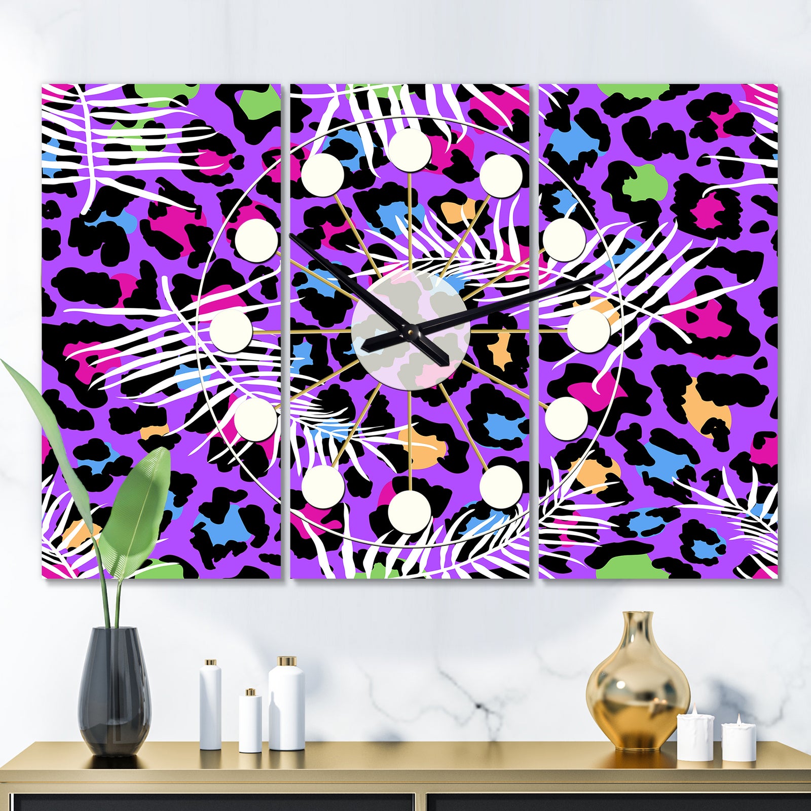 Leopard Fur Safari VIII - Oversized Mid-Century wall clock - 3 Panels