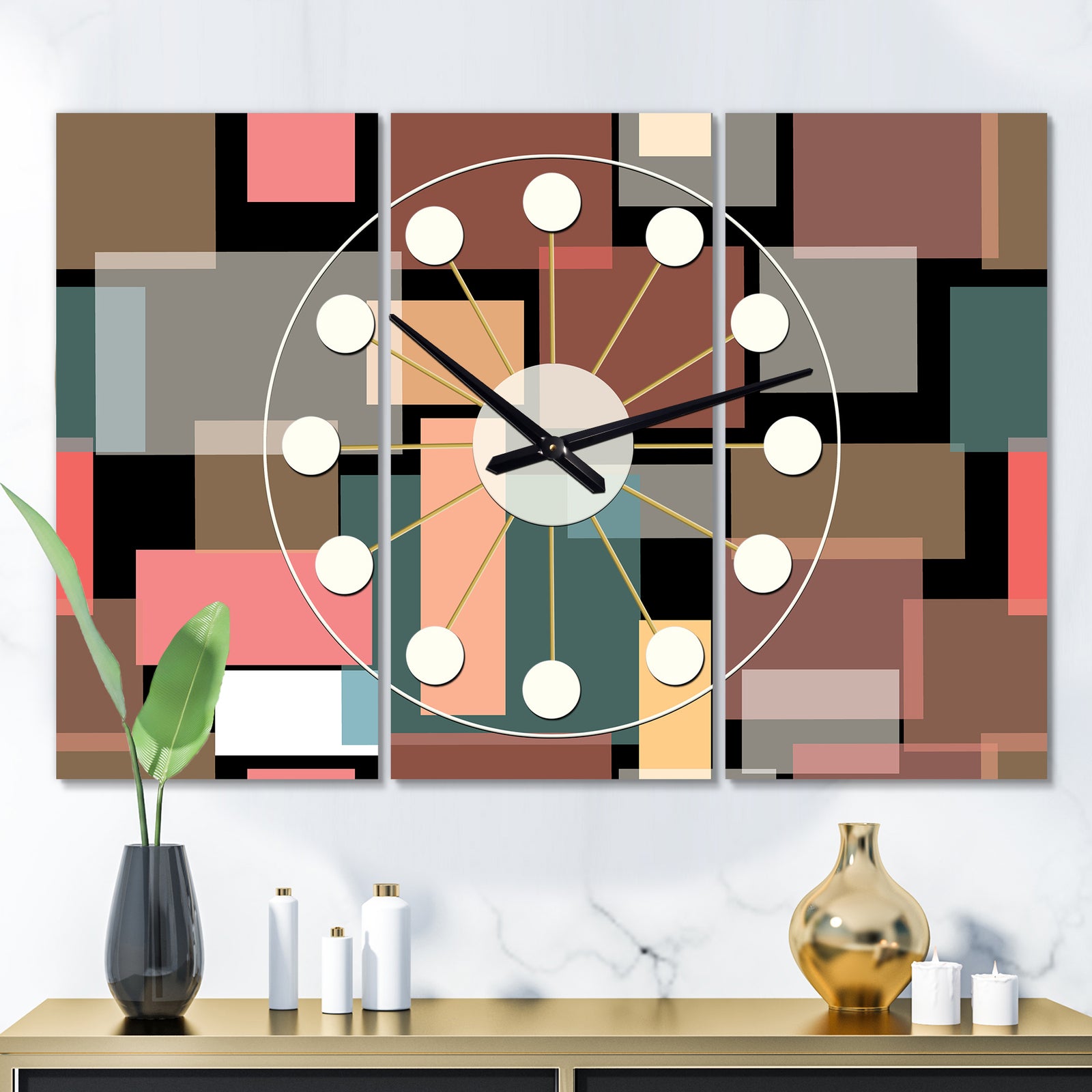 Retro Square Design II - Oversized Mid-Century wall clock - 3 Panels