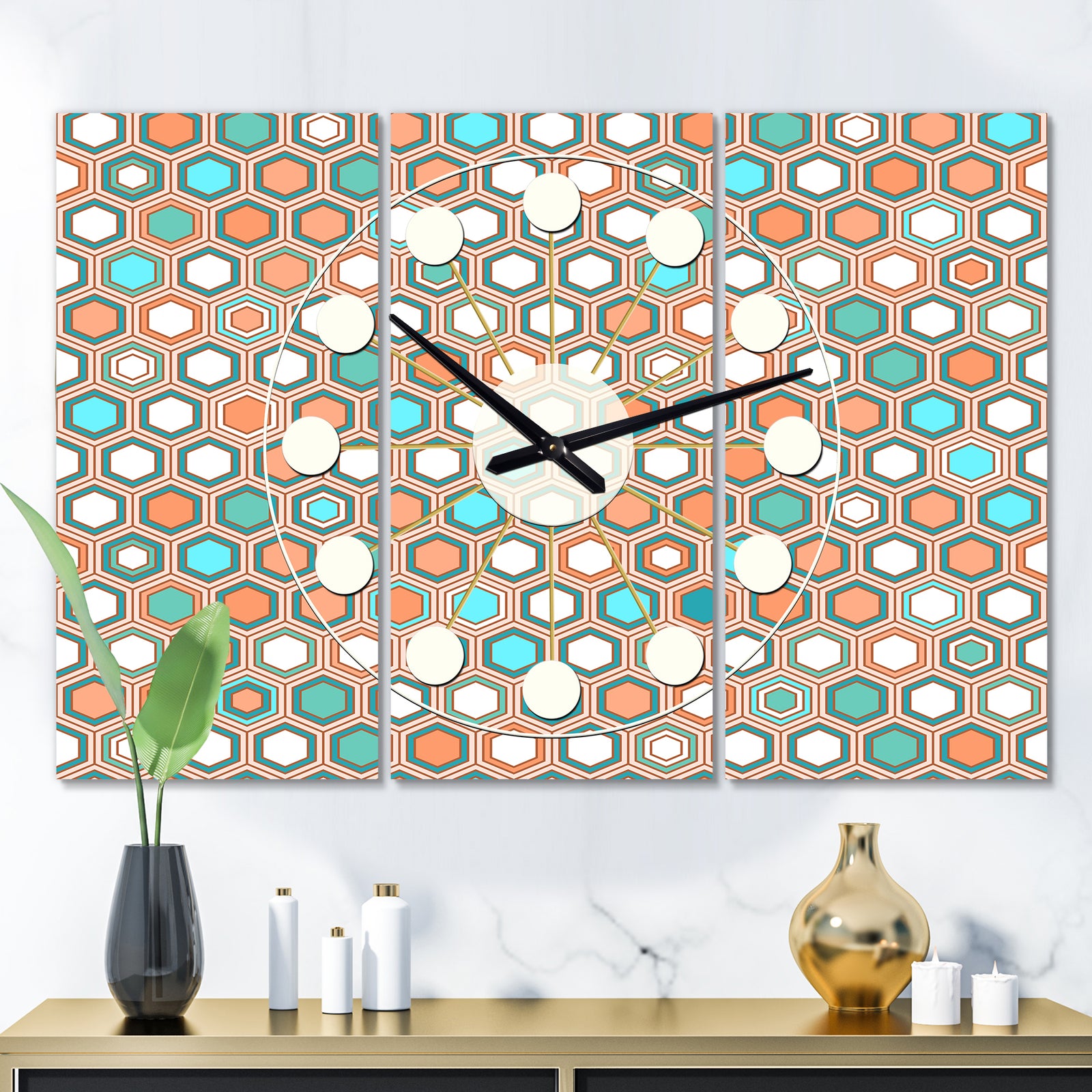 Retro Hexagon Pattern III - Oversized Mid-Century wall clock - 3 Panels