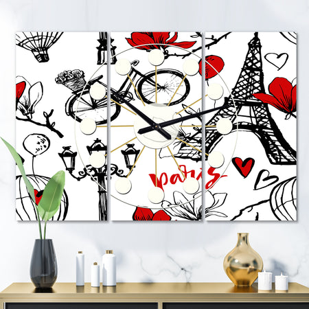 Paris Eiffel Red Hearts I - Oversized Mid-Century wall clock - 3 Panels
