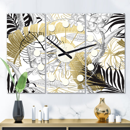 Golden Tropical Pattern I - Oversized Mid-Century wall clock - 3 Panels