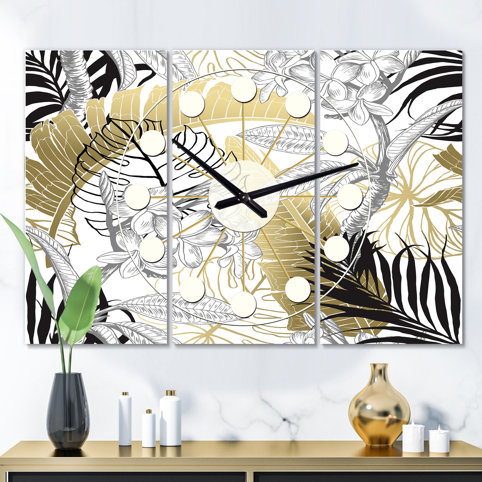 Golden Tropical Pattern I - Oversized Mid-Century wall clock - 3 Panels