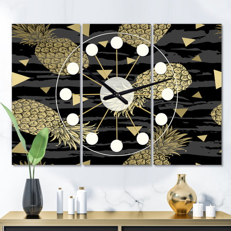 Golden Pineapple On Black - Oversized Mid-Century wall clock - 3 Panels