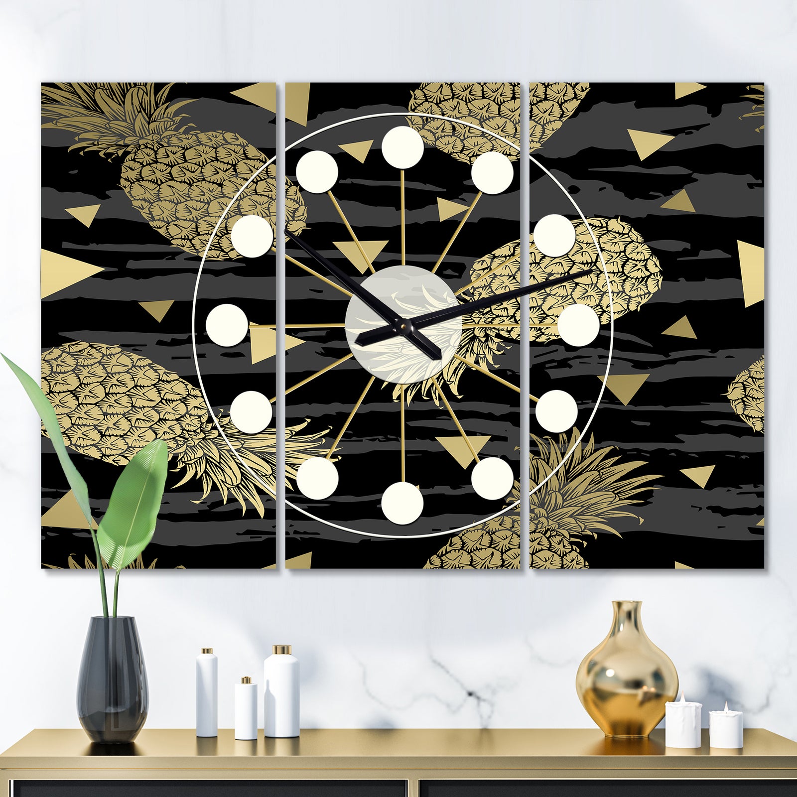Golden Pineapple On Black - Oversized Mid-Century wall clock - 3 Panels