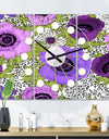 Purple Retro Fantasy Flowers - Oversized Mid-Century wall clock - 3 Panels