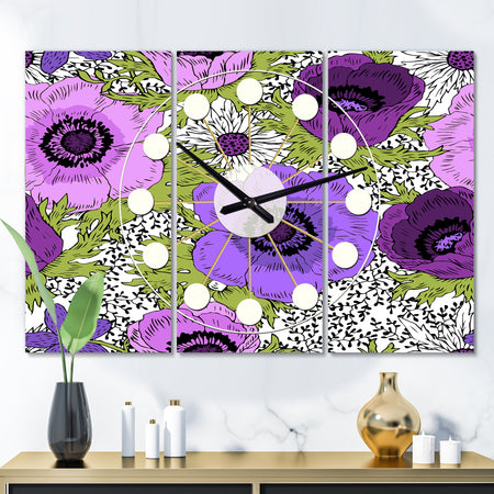 Purple Retro Fantasy Flowers - Oversized Mid-Century wall clock - 3 Panels