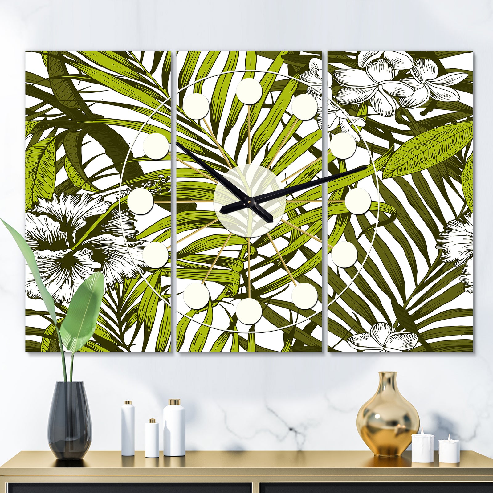 Tropical Palm Leaves I - Oversized Mid-Century wall clock - 3 Panels