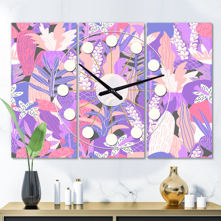 Fantasy Flowers In Purple - Oversized Mid-Century wall clock - 3 Panels