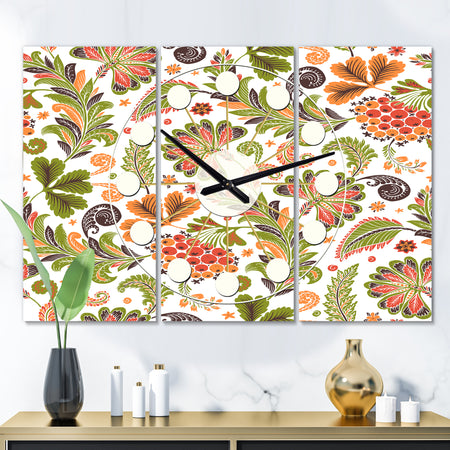 Retro Fantasy Flowers I - Oversized Mid-Century wall clock - 3 Panels