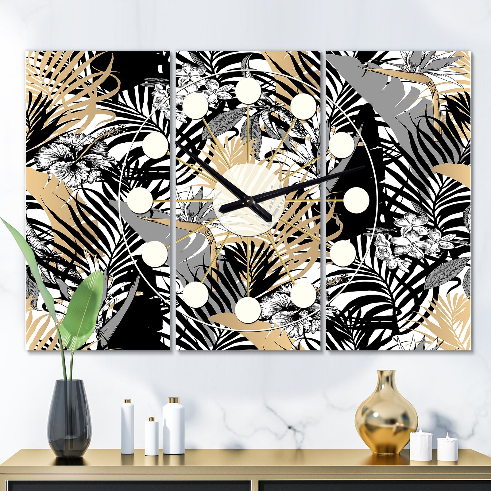 Golden Foliage II - Oversized Mid-Century wall clock - 3 Panels