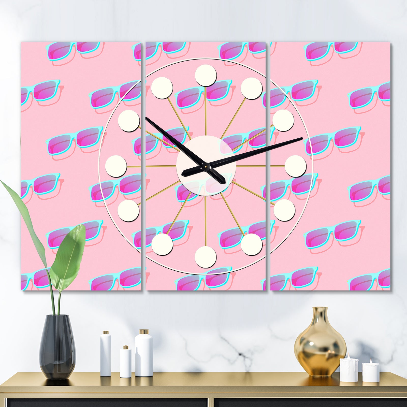 Pink Abstract Retro Pattern I - Oversized Mid-Century wall clock - 3 Panels