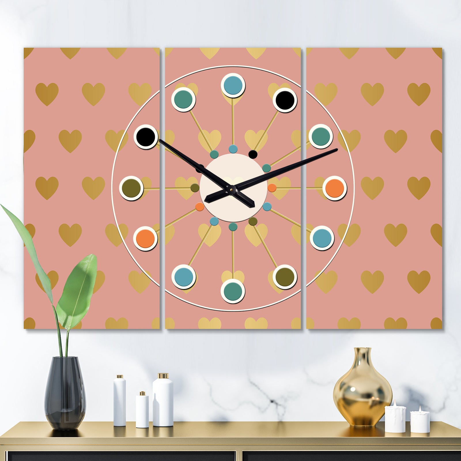 Gold Hearts On Pink - Oversized Mid-Century wall clock - 3 Panels