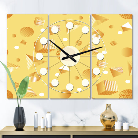 Minimal Yellow Geometrical Shapes - Oversized Mid-Century wall clock - 3 Panels