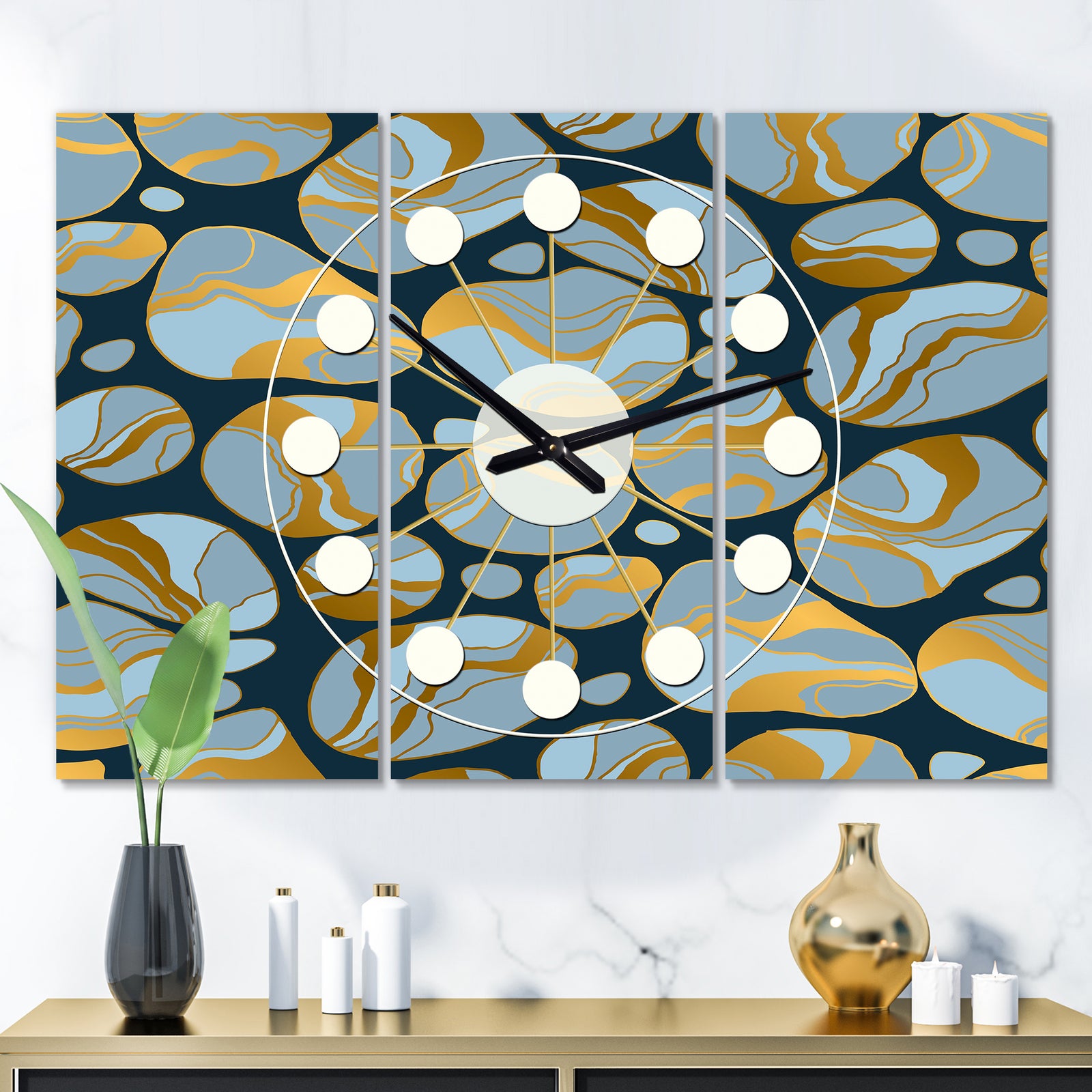 Golden Marble Design IV - Oversized Mid-Century wall clock - 3 Panels