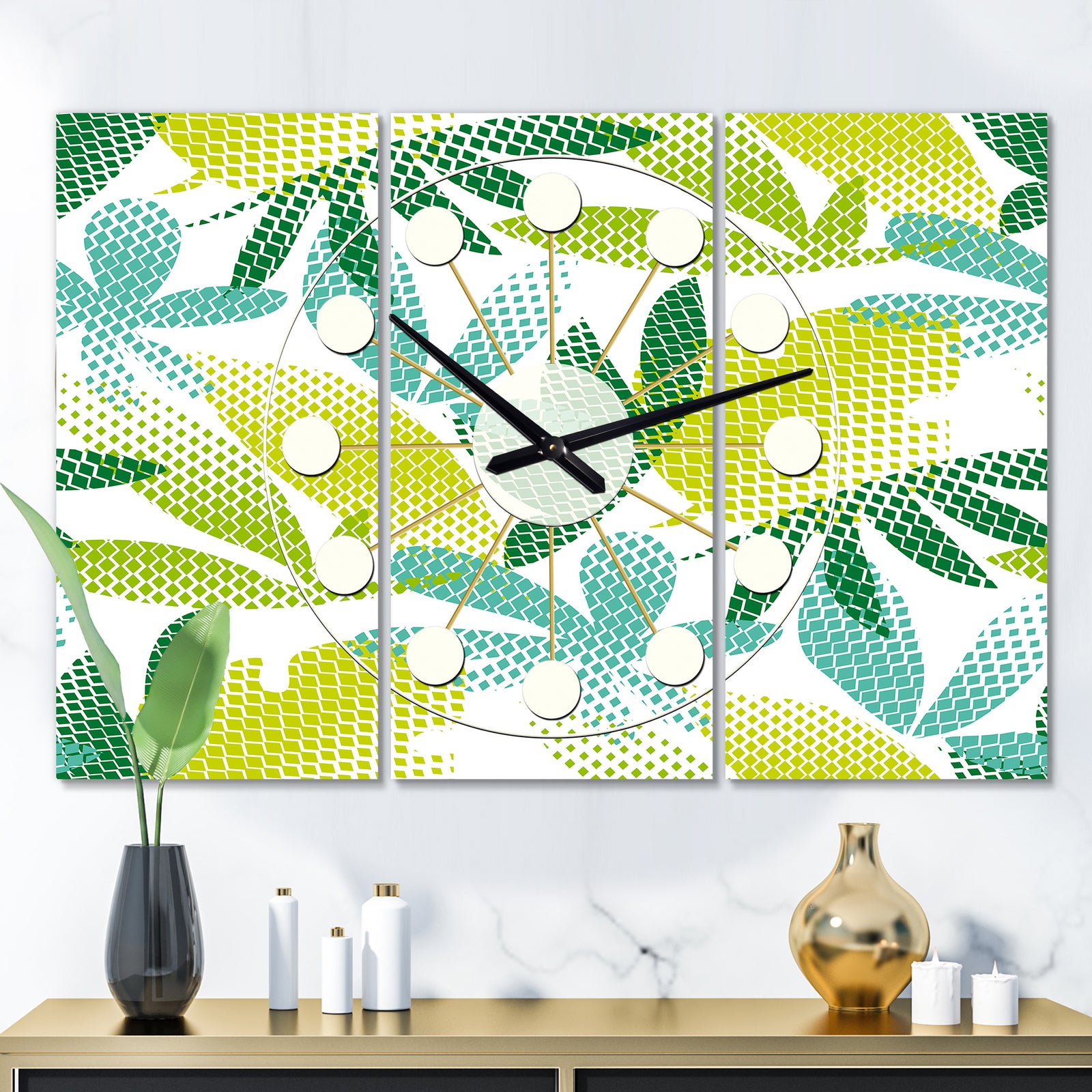 Tropical Botanicals III - Oversized Mid-Century wall clock - 3 Panels