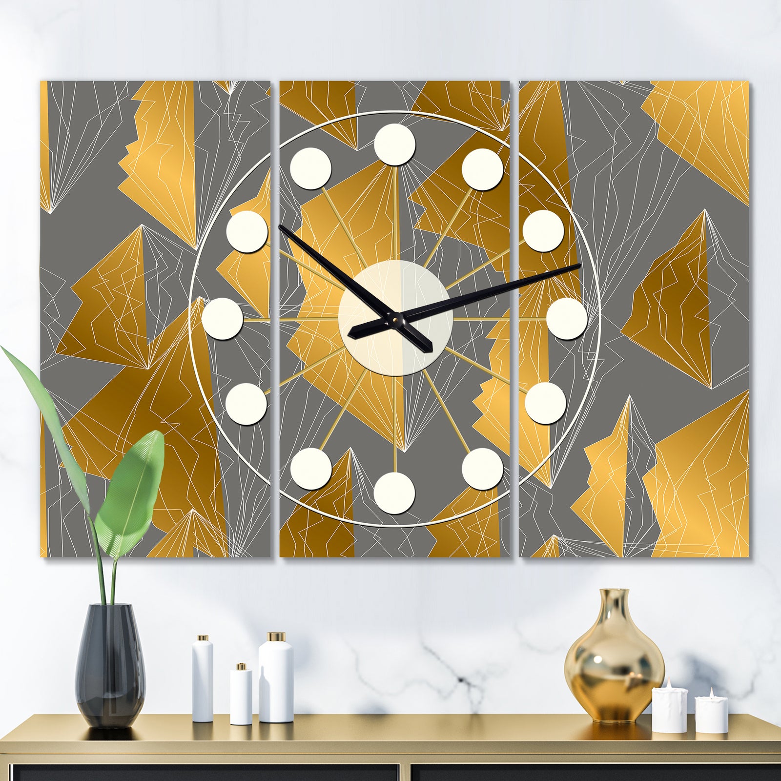 Golden Polygon Pattern - Oversized Mid-Century wall clock - 3 Panels