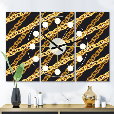 Golden ZigZag Chain - Oversized Mid-Century wall clock - 3 Panels