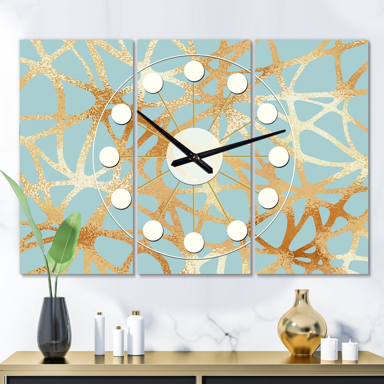 Golden Luxury Metallic Geometrics IV - Oversized Mid-Century wall clock - 3 Panels