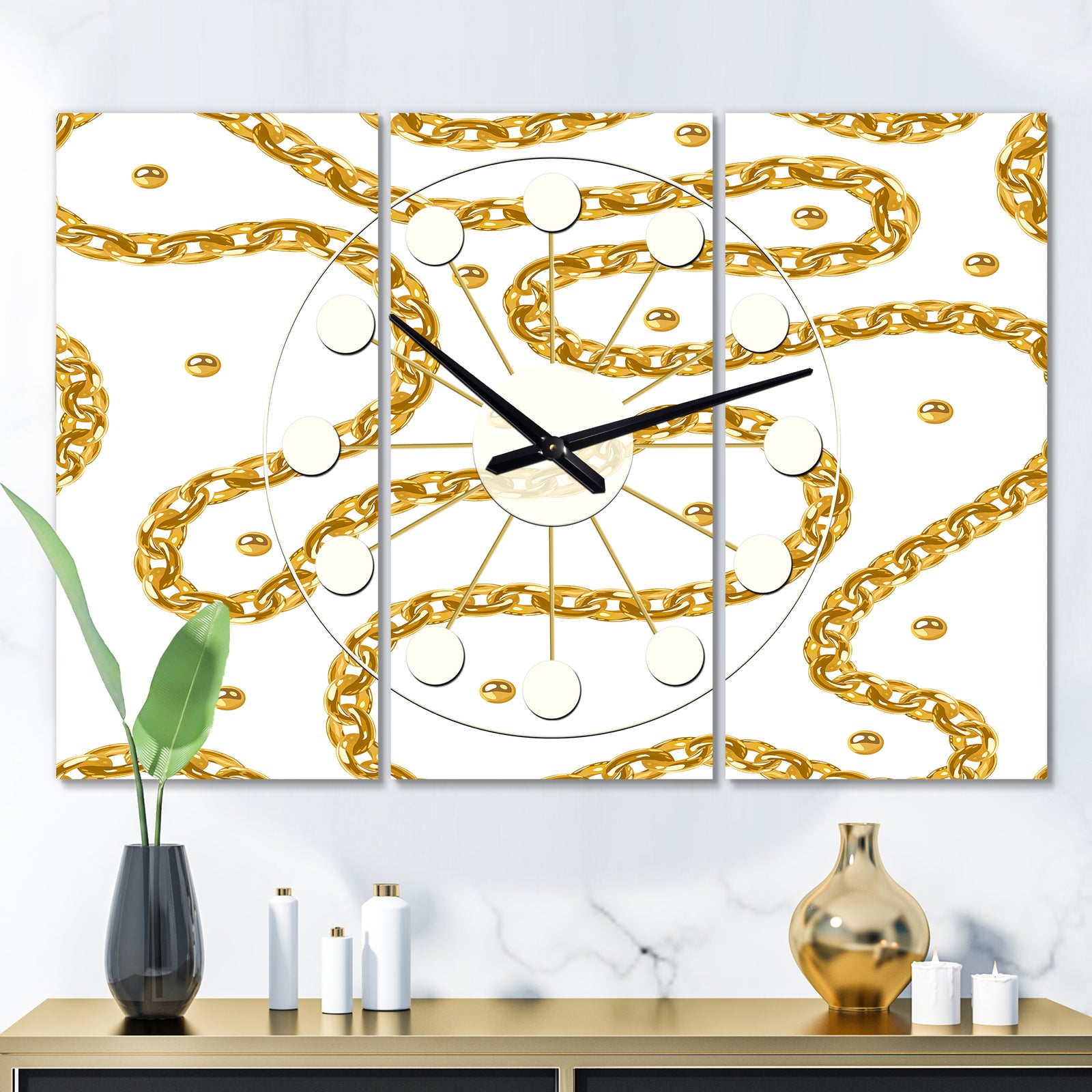 Golden Chain Necklace - Oversized Mid-Century wall clock - 3 Panels