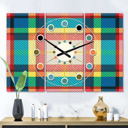 Tartan Geometrical Texture III - Oversized Mid-Century wall clock - 3 Panels