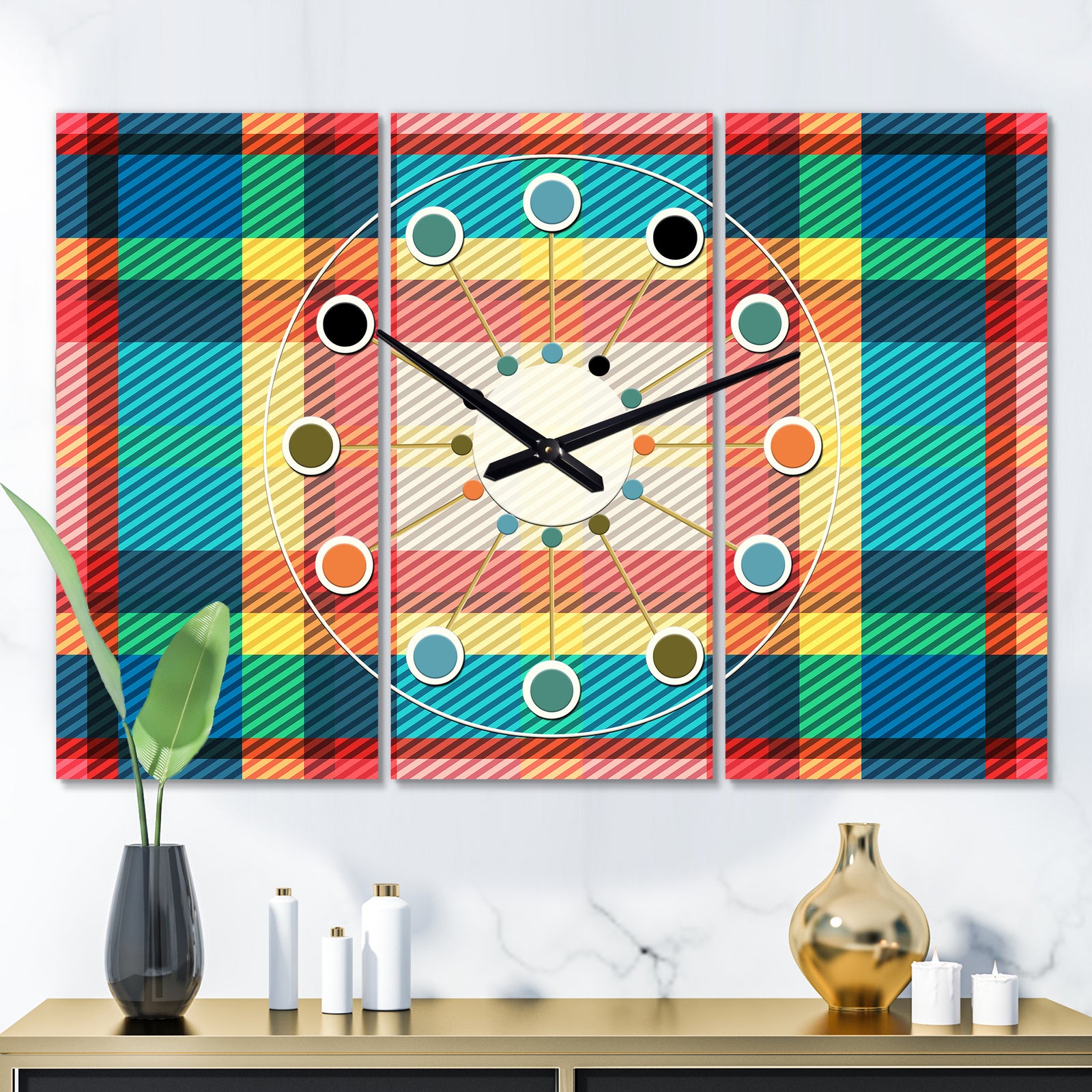 Tartan Geometrical Texture III - Oversized Mid-Century wall clock - 3 Panels