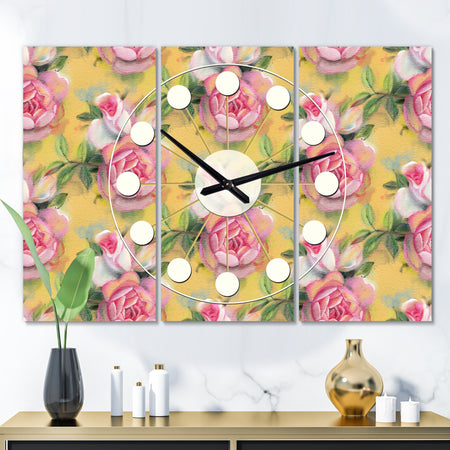 Hand-drawn Pink Watercolor Roses. - Oversized Mid-Century wall clock - 3 Panels