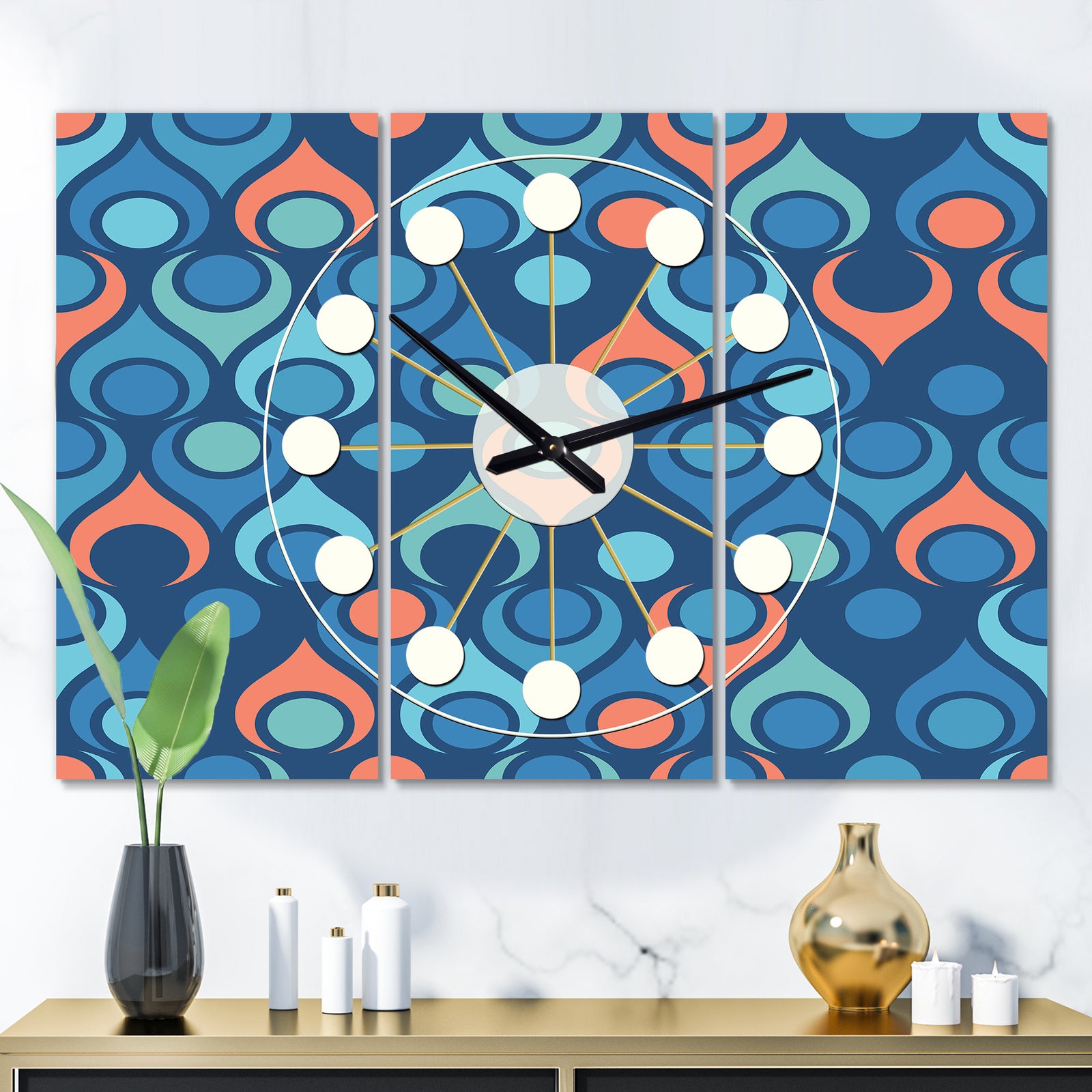Retro Abstract Drops X - Oversized Mid-Century wall clock - 3 Panels
