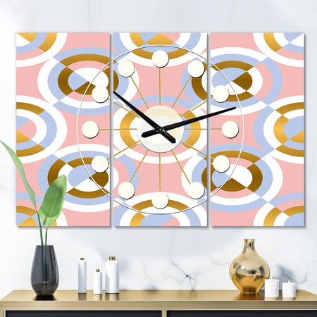 Circular geometric shapes pattern - Oversized Mid-Century wall clock - 3 Panels