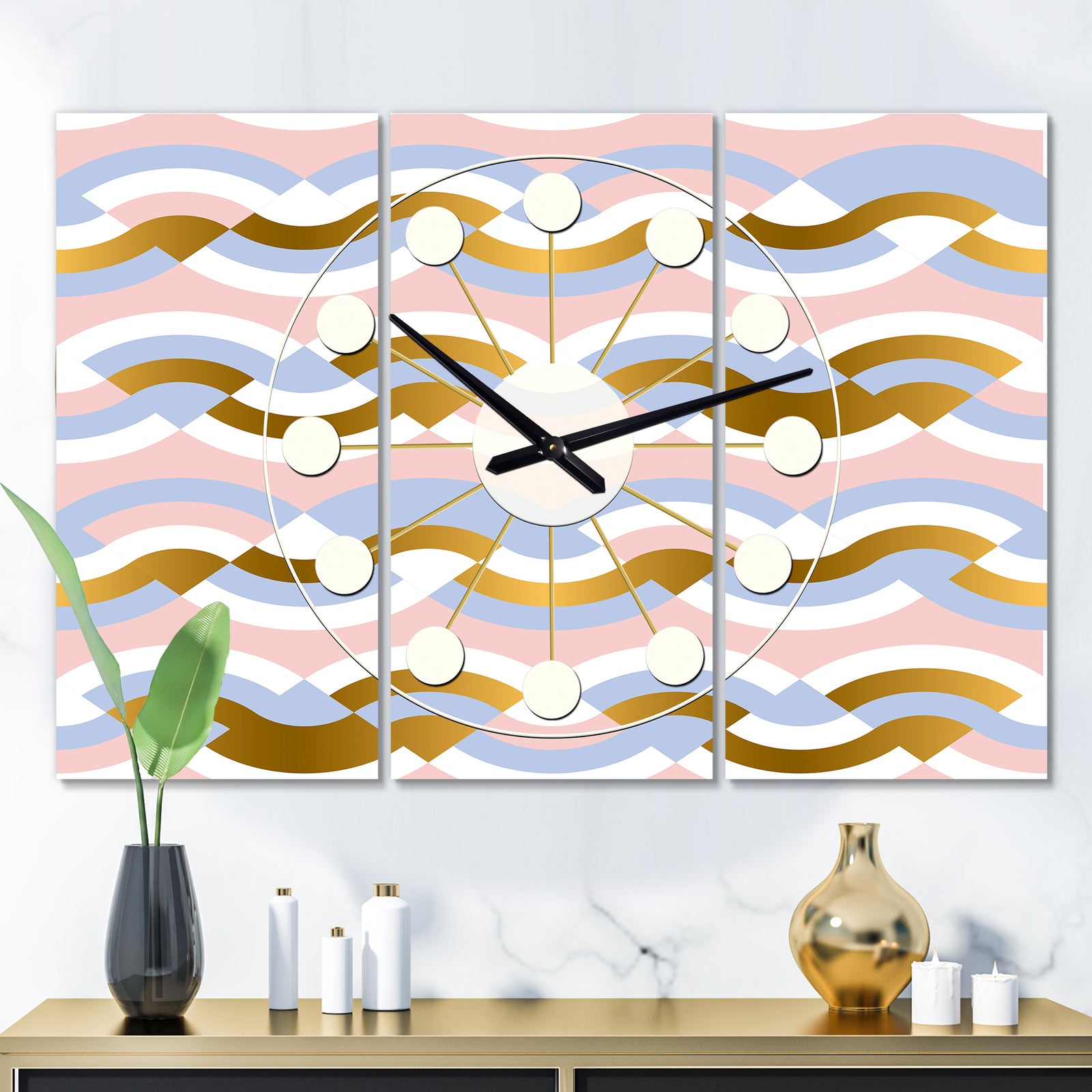 Geometric Retro Braids Wave - Oversized Mid-Century wall clock - 3 Panels