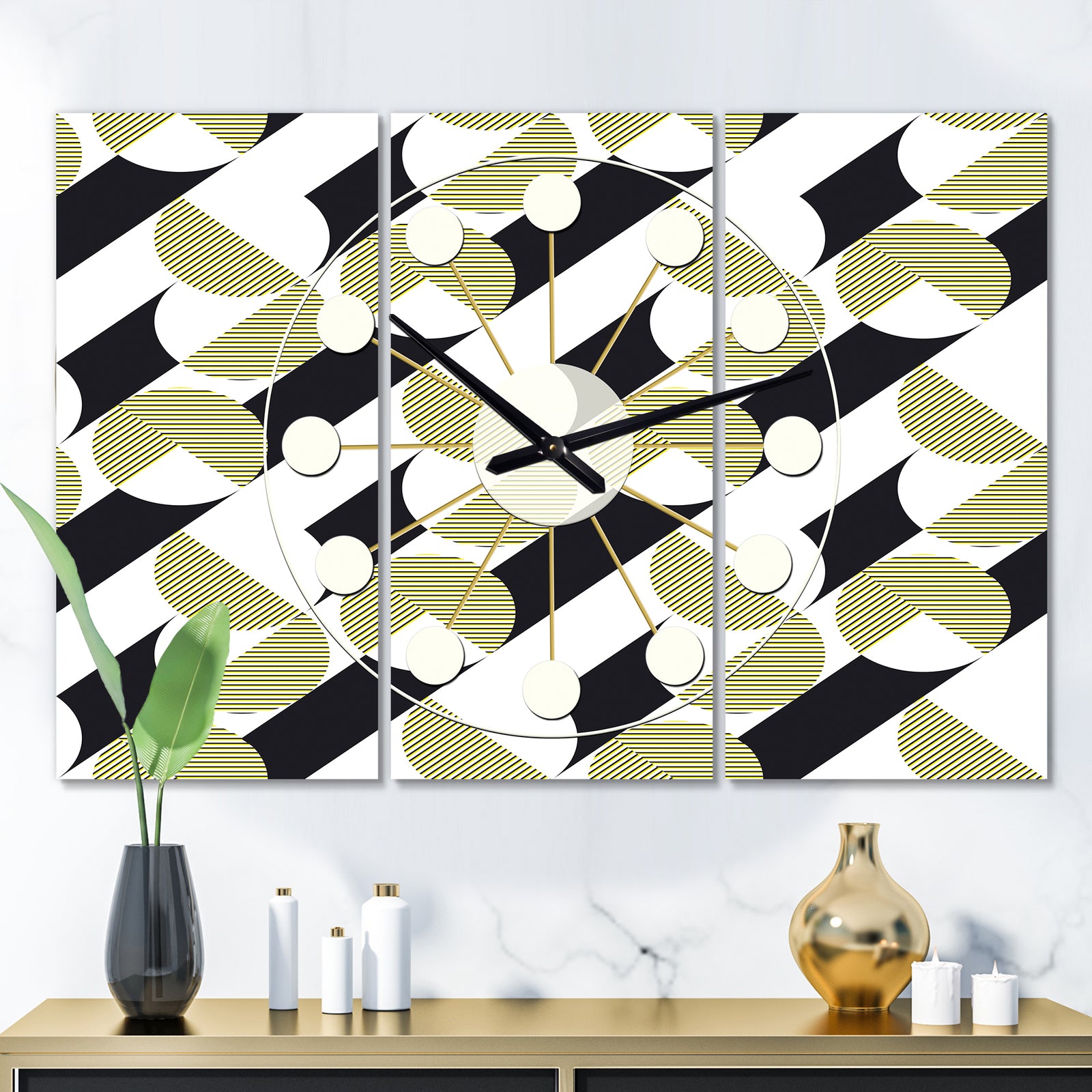 Circular Abstract Retro Geometric II - Oversized Mid-Century wall clock - 3 Panels